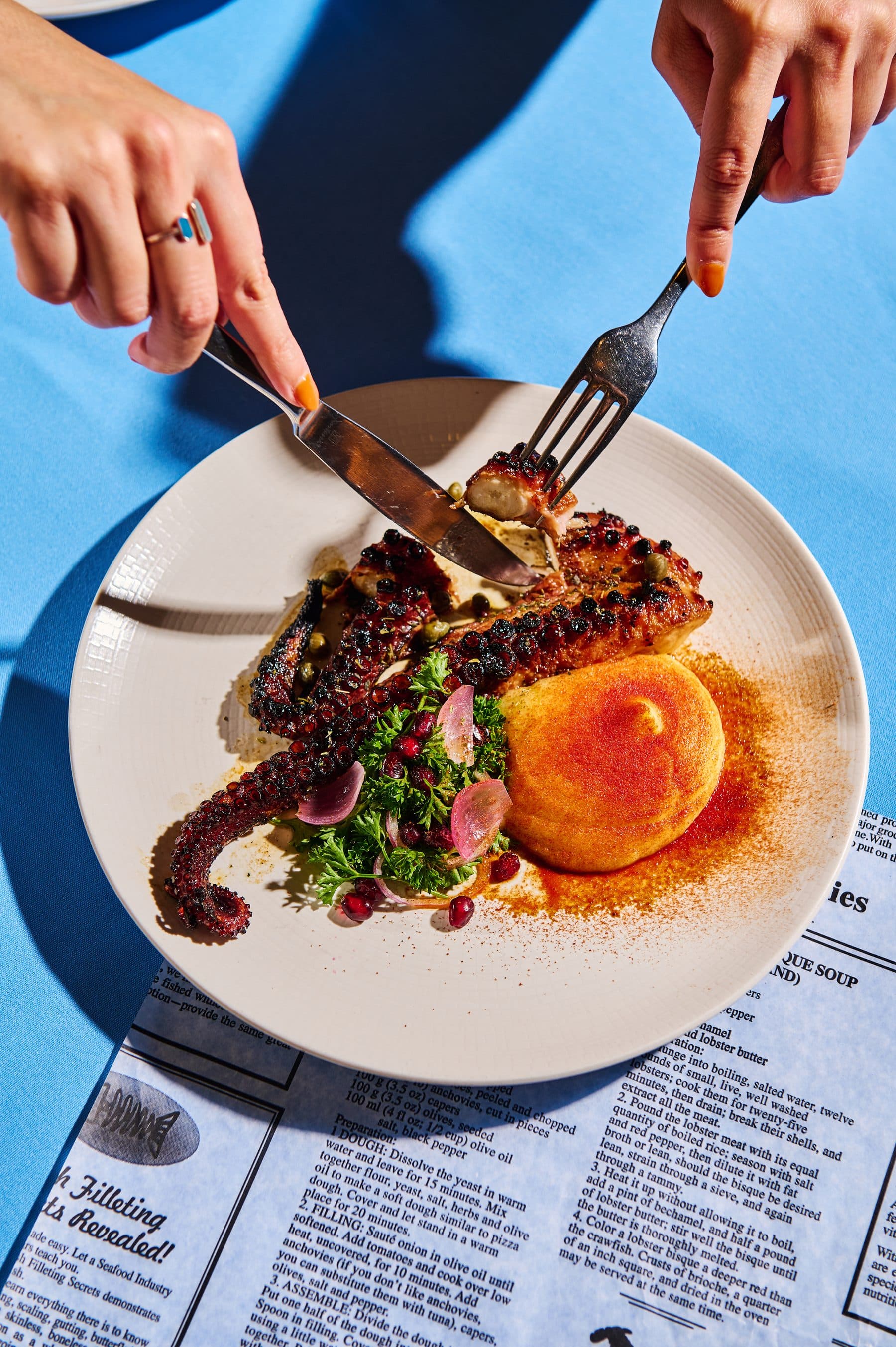 Grilled octopus with skordalia and tomato powder